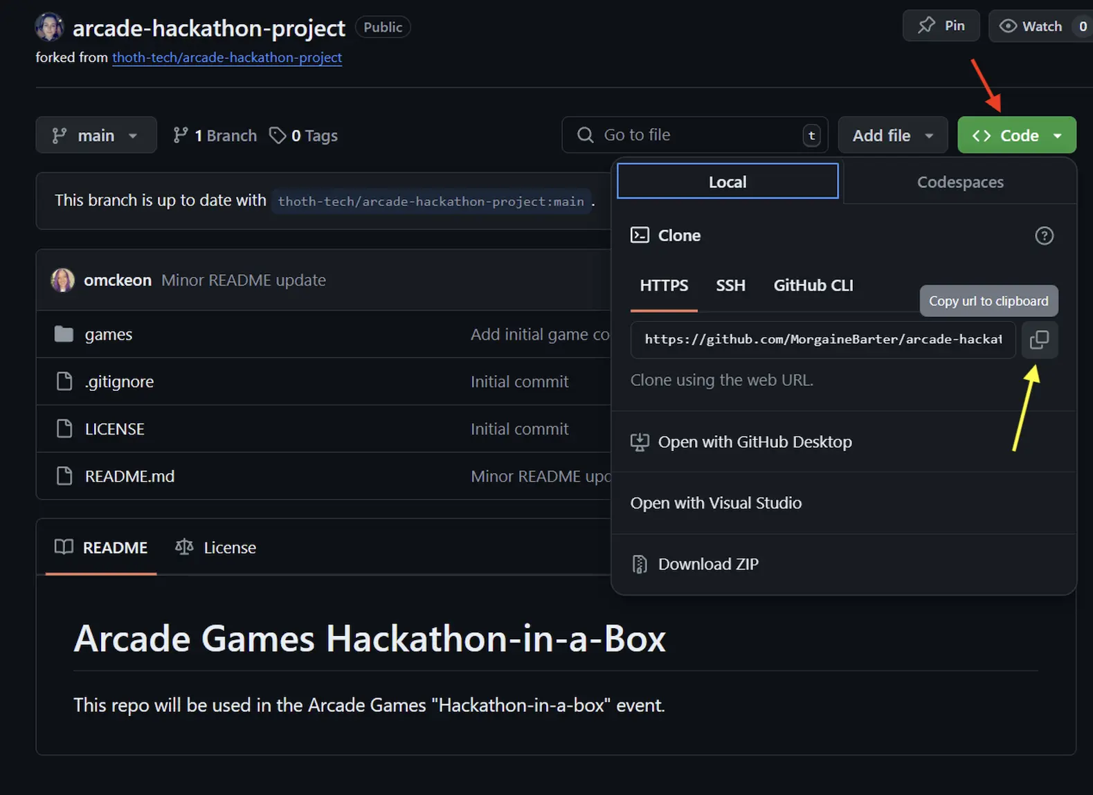 Image showing GitHub clone buttons on arcade-hackathon-project repo page