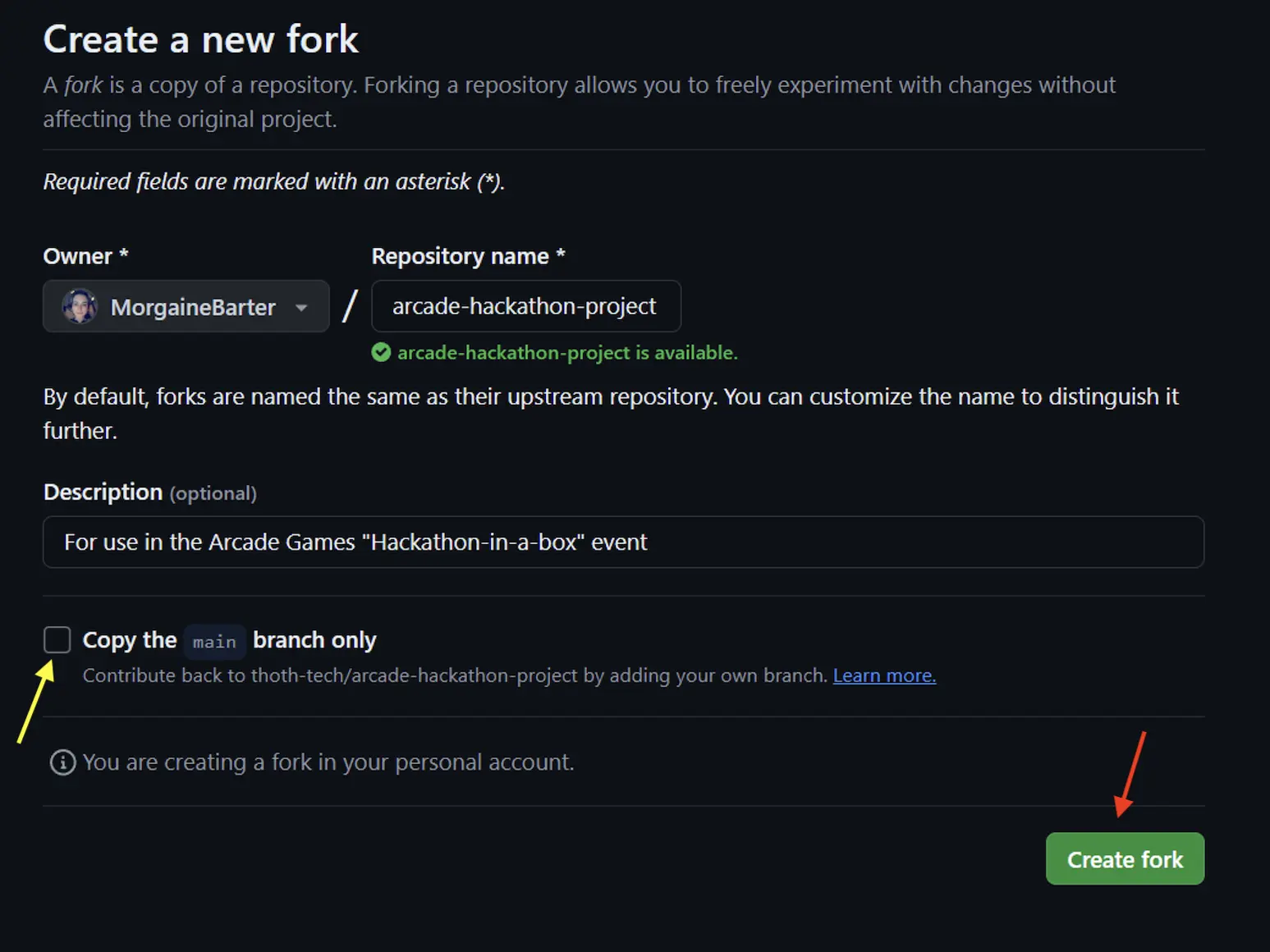 Image showing GitHub Create new fork page