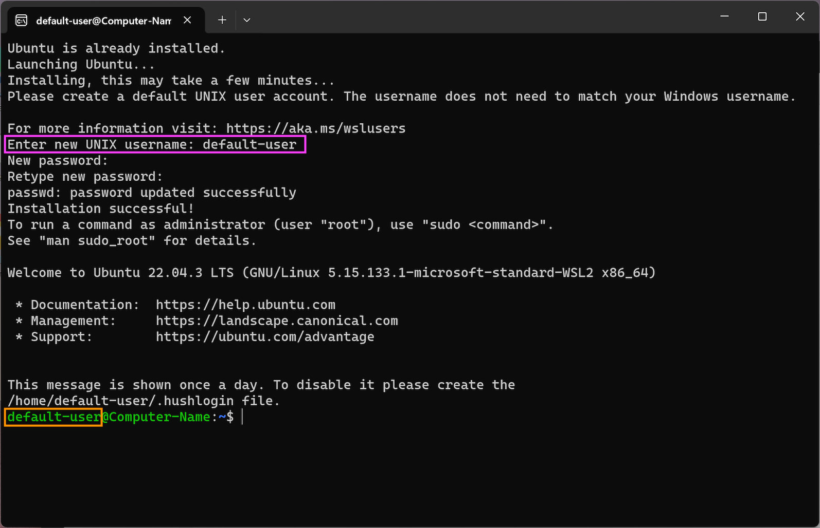 Image showing WSL terminal with ubuntu user account set up